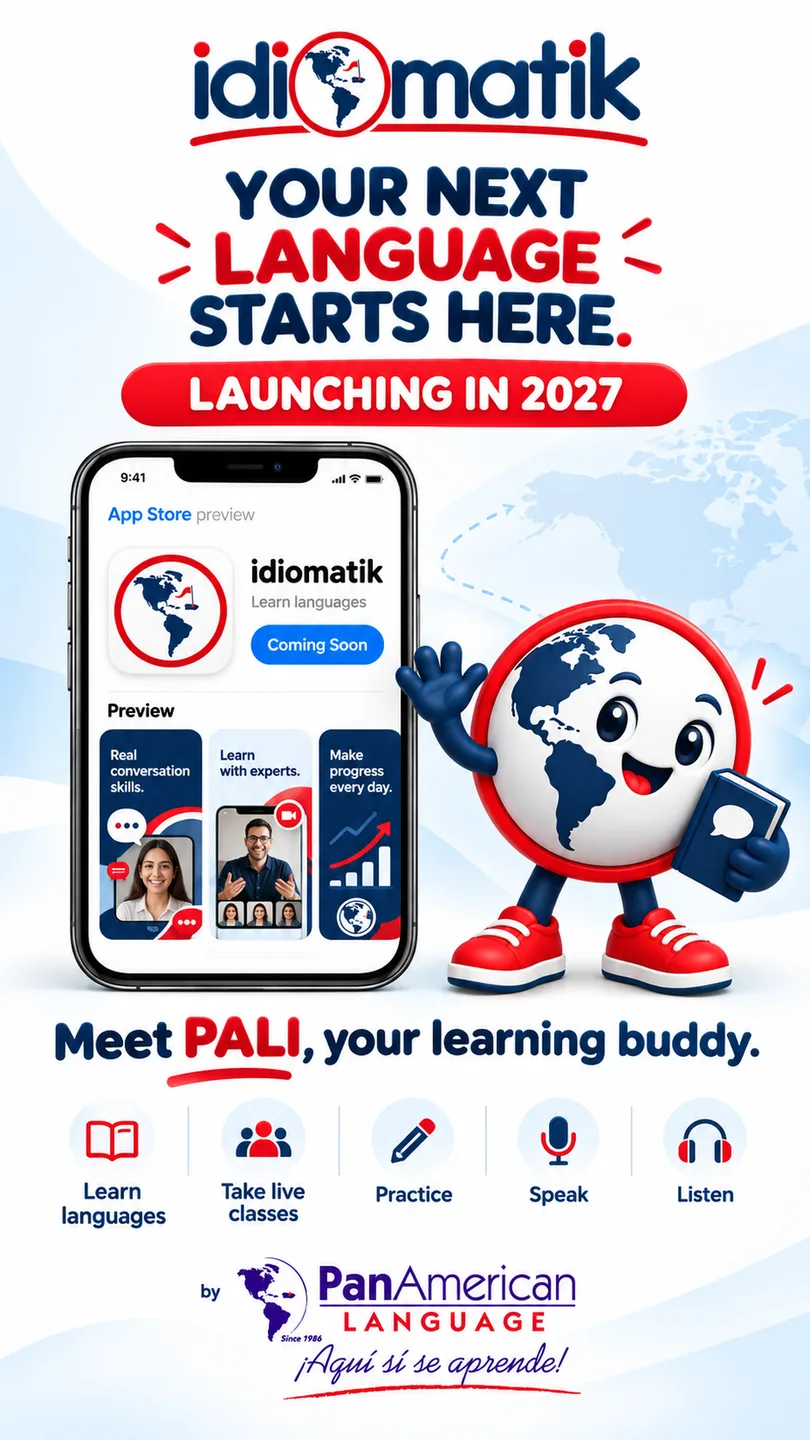 idiomatik launch artwork featuring the PALI mascot and mobile application